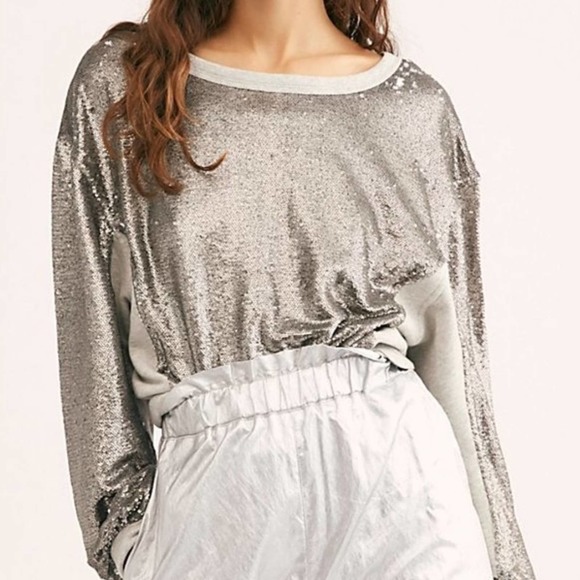 Free People Tops - Free People Rise and Shine Sequin Silver Sweatshirt large